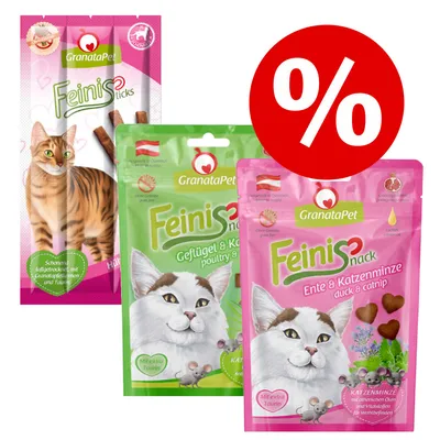 GranataPet Feinis Sticks Huhn, Feinis Snack Geflügel & Katzenminze, Feinis Snack Ente & Katzenminze. Schonend luftgetrocknet, mit Granatapfelkernen und Taurin. Rabattzeichen sichtbar.