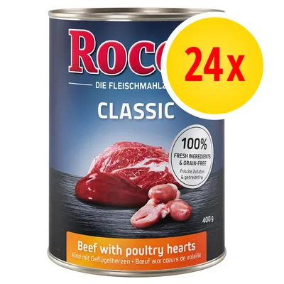 Rocco Classic Beef with poultry hearts, 400 g. 100 % fresh ingredients & grain-free. Pakkaus sisältää 24 tölkkiä. Kuvassa naudanlihaa ja siipikarjan sydämiä.