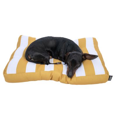 Cane sdraiato su un cuscino a righe giallo-bianche. Prodotto mostra un letto rettangolare per pet con superficie imbottita.