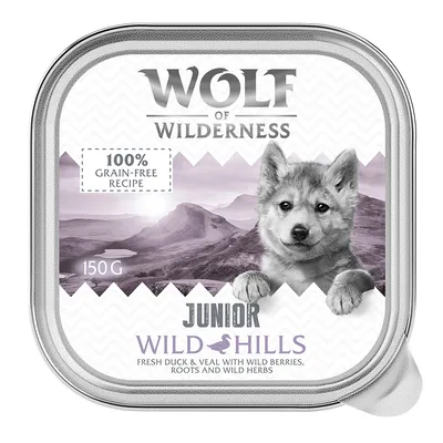 Wolf of Wilderness Junior Wild Hills, 150g, 100% bezobilná receptura s čerstvou kachnou a telecím, lesními plody, kořeny a bylinkami.