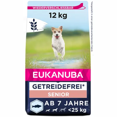 Eukanuba Senior hrana za pse, bez žitarica, za pse starije od 7 godina i do 25 kg, ponovno zatvoriva, 12 kg. Proizvedeno u tvornici koja prerađuje žitarice.