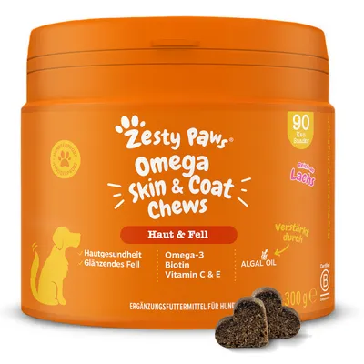Zesty Paws Omega Skin & Coat Chews, iho ja turkki, 90 purupalaa, runsaasti lohta, sisältää omega-3:a, biotiinia, C- ja E-vitamiinia, leväöljyä. Täydennysravinto koirille, 300g.