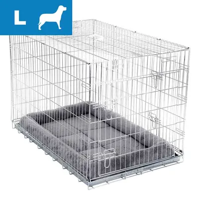 Metalowa klatka dla psa z szarą poduszką, rozmiar L widoczny w lewym górnym rogu na niebieskim tle z ikoną psa.