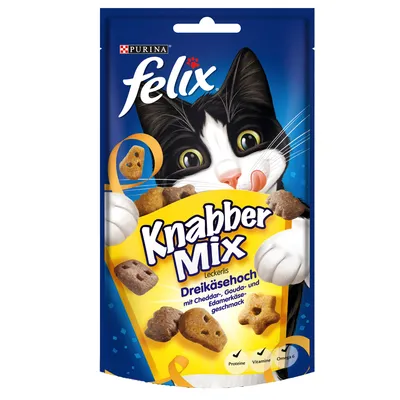 Purina felix Knabber Mix Dreikäsehoch cat treats, visible text in German, packaging shows cartoon black and white cat with treats, icons for Proteine, Vitamine, Omega 6