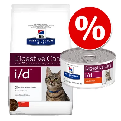 Hill's Prescription Diet Digestive Care i/d kattefoder, klinisk ernæring til fordøjelsesstøtte, fås som tør- og vådfoder med kylling. Rabatmærke synligt.