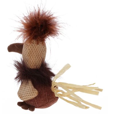 Speelgoed in vogelvorm van stof met bruine veren en beige-gele franjes aan de staart. Geschikt voor huisdieren.