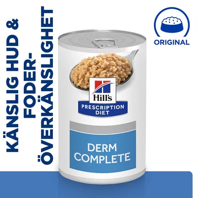 Hill's Prescription Diet Derm Complete våtfoderburk. Text: Känslig hud & foderöverkänslighet. Original-symbol med matskål.