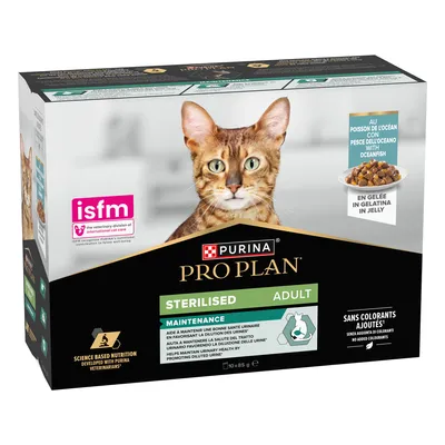 Purina Pro Plan Sterilised Adult храна за котки, океанска риба в желе, ISFM сертифицирана, без добавени оцветители, подпомага здравето на уринарните пътища. Опаковка 10 x 85g.