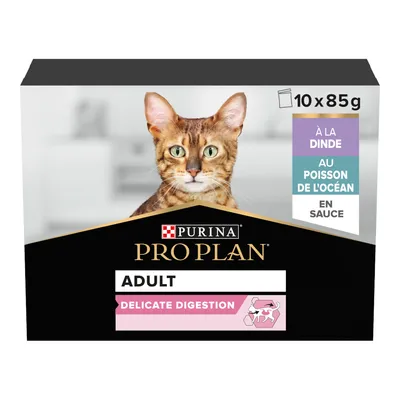 Purina Pro Plan Adult Delicate Digestion, 10 x 85g, with turkey, with ocean fish, in gravy. Purina Pro Plan Adult Delicate Digestion, 10 x 85g, with turkey, with ocean fish, in gravy.