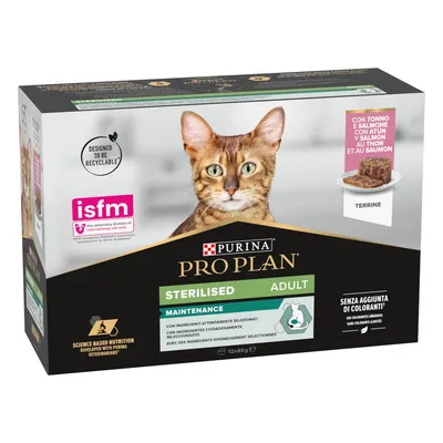 Purina Pro Plan Sterilised Adult Maintenance z tuńczykiem i łososiem, bez barwników, certyfikat ISFM, opakowanie nadające się do recyklingu, 12x85g terrina.