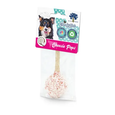 Friandise pour chien Blue Tree CandyBar Cheesie Pops, emballée, avec illustration de chien et texte visible : 'Cheesie Pops', image de noix de coco sur l'emballage.