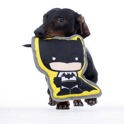 Куче държи жълта играчка с мотив на Batman в уста. Плюшена играчка с комикс дизайн.