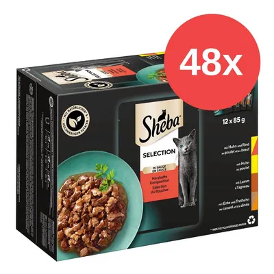 Sheba Selection in Sauce, 48x85g, composición sabrosa con pollo y ternera, pollo, cordero, pato y pavo. Con ingredientes naturales y de alta calidad.