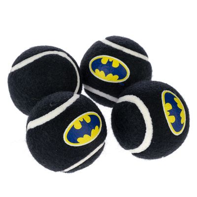 Quattro palline da gioco nere con strisce bianche e logo Batman giallo-blu, adatte per il gioco degli pet.