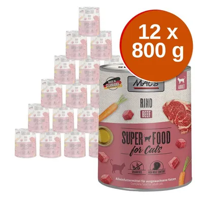MAC's Super Food for Cats marhahúsos nedvestáp, 12 x 800 g-os kiszerelés, felnőtt macskáknak. Felirat: Made in Germany, Grainfree, High Meat Content.