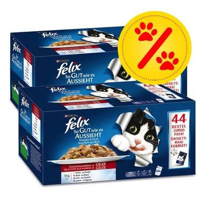 2 boîtes Felix So Gut wie es aussieht, sélection aux viandes en gelée, 44 sachets maxi format. Texte principal en allemand et français visible sur l’emballage.