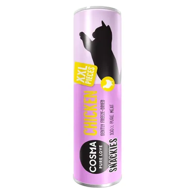 Tube Cosma Pure Love Snackies XXL Pieces, Chicken, 100 % pure meat, gently freeze-dried. Silhouette de chat visible sur l’emballage.