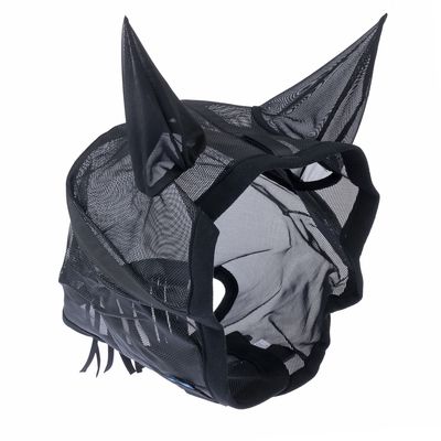 Maschera a rete nera con orecchie, adatta per animali. Aperture visibili e zona regolabile sulla testa.