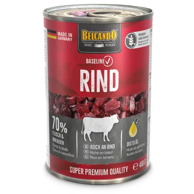 Belcando Dog Food, wyprodukowana w Niemczech, wołowina, 70% mięsa i podrobów, bogata w wołowinę, olej z ostu, super premium jakość, puszka 400g, bez zbóż.