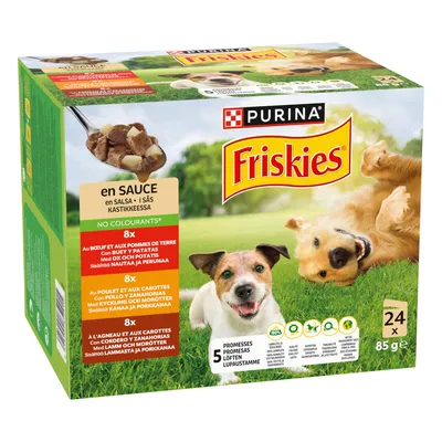 Purina Friskies natvoer voor honden, 24 x 85 g, varianten: rund met aardappel, kip met wortel, lam met wortel. Zonder kleurstoffen, 5 kwaliteitsbeloften.