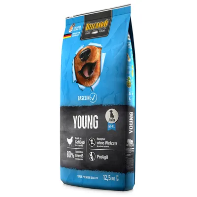 Belcando Dog Food Young, Junior M-XL, rich in poultry, wheat-free recipe, 80% animal protein, ProAgil, Super Premium quality, 12.5 kg. Made in Germany.