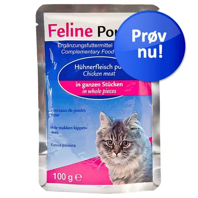 Feline Pouch, Ergänzungsfuttermittel, Chicken meat in whole pieces, 100 g. Prøv nu! Tekst på engelsk, tysk og andre sprog synlig på emballagen samt billede af kat.