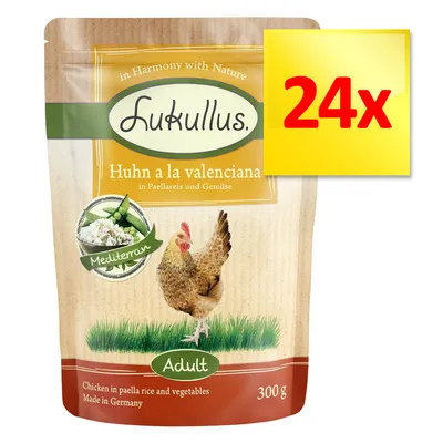 Lukullus Huhn a la valenciana, Adult, 300 g, zestaw 24 sztuki. Widoczny napis: Chicken in paella rice and vegetables, Made in Germany, Mediterran.