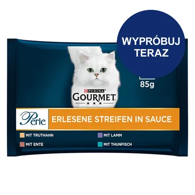 Purina Gourmet Perle Erlesene Streifen in Sauce, 85 g. Wariant: z indykiem, kaczką, jagnięciną lub tuńczykiem. Napis: WYPRÓBUJ TERAZ. Purina Gourmet Perle Erlesene Streifen in Sauce, 85 g. Wariant: z indykiem, kaczką, jagnięciną lub tuńczykiem. Napis: WYPRÓBUJ TERAZ.