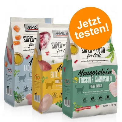 MAC's Superfood for Cats. Trockenfutter für Katzen in Sorten Lachs, Ente und Frisches Kaninchen. Monoprotein, ohne Getreide, mit natürlichen Zutaten. Jetzt testen!
