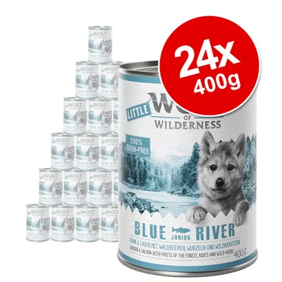 Little Wolf of Wilderness Blue River Junior 24 x 400g tins, 100% grain-free, chicken & salmon with fruits of the forest, roots and wild herbs. Large red label: 24x 400g.