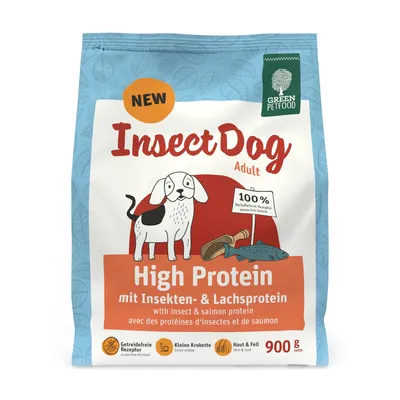 Green Petfood InsectDog Adult High Protein, 900g, z białkiem owadów i łososia, receptura bez zbóż, małe krokiety, dla skóry i sierści, całkowicie bez ziemniaków.