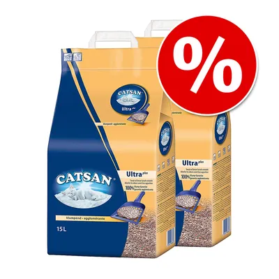 Två förpackningar Catsan Ultra Plus klumpbildande kattsand 15L, synlig text: '100% garanterad agglomeration', röd rabattikon med procenttecken