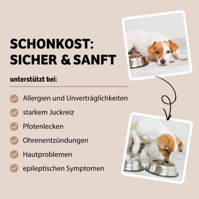 Schonkost: Sicher & sanft. Unterstützt bei Allergien, Unverträglichkeiten, starkem Juckreiz, Pfotenlecken, Ohrenentzündungen, Hautproblemen, epileptischen Symptomen.