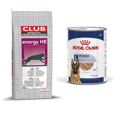 Royal Canin Club Dry Dog Food + Royal Canin Wet Dog Food - 15% off! * - Pro Energy HE Adult - High Energy (20kg) + Maxi Adult in Loaf (12 x 410g)