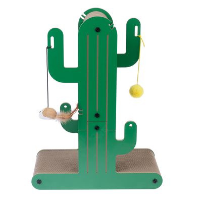 Grüner Kratzbaum in Kaktusform mit Spielzeug: gelber Ball und Maus mit Federn. Basis aus Karton für Krallenpflege.