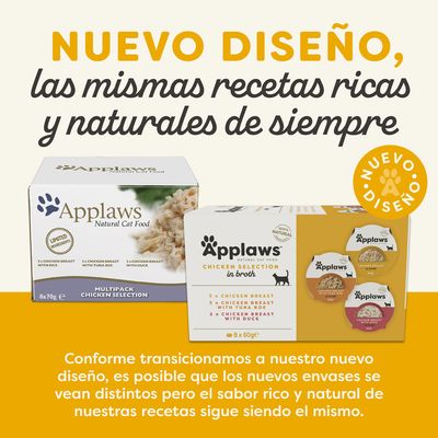 Applaws Natural Cat Food. Nuevo diseño, las mismas recetas ricas y naturales de siempre. Multipack Chicken Selection con pechuga de pollo, huevas de atún y pato. NUEVO DISEÑO.