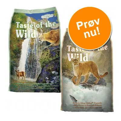 To poser Taste of the Wild tørfoder med teksten 'Prøv nu!' på orange cirkel. Synlig tekst: Taste of the Wild, Rocky Mountain Feline Formula, Canyon River Feline Formula.