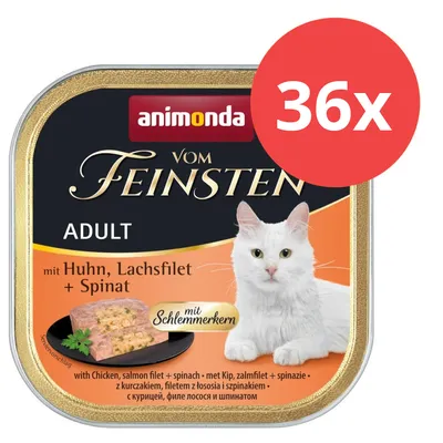 Animonda Vom Feinsten Adult mit Huhn, Lachsfilet und Spinat, 36x Packung. Mit Schlemmersoße. Animonda Vom Feinsten Adult mit Huhn, Lachsfilet und Spinat, 36x Packung. Mit Schlemmersoße.