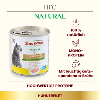 Almo Nature HFC Natural Hühnerfilet in feuchtigkeitsspendender Brühe, 100% natürlich, Mono-Protein, hochwertige Proteine. Dose mit Katzenmotiv.