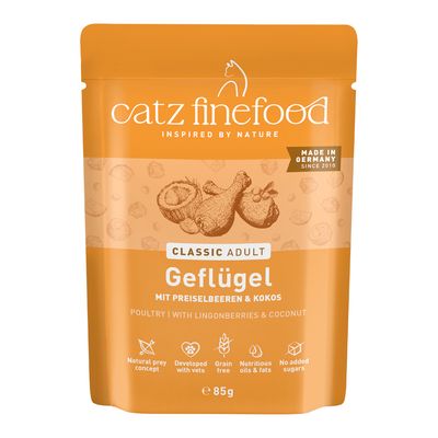 catz finefood Classic Adult Gevogelte met veenbessen & kokos, Made in Germany since 2010, graanvrij, zonder toegevoegde suikers, 85 g