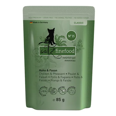 Catz Finefood Classic Nr. 15, kana ja fasaani, 85 g. Valmistettu Saksassa, viljaton, ei eläinkokeita, ei lisättyä sokeria. 93 % lihapitoisuus, hellävaraisesti kypsennetty.