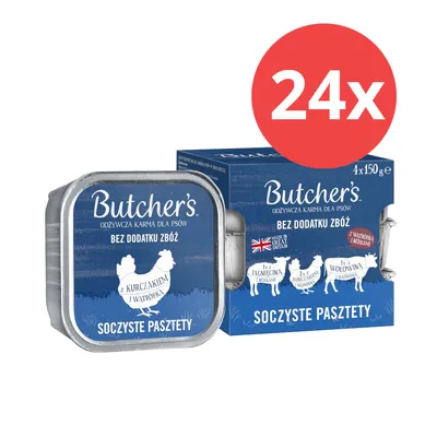 Butcher's Nassfutter für Hunde, ohne Getreidezusatz, mit Huhn, Lamm und Rind. Packung enthält 24x150g. Herkunft: Grossbritannien.