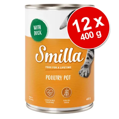 Smilla Poultry Pot with Duck, 12 x 400 g. Texte visible : contains taurine, grain-free, food for a lifetime, made in Germany.