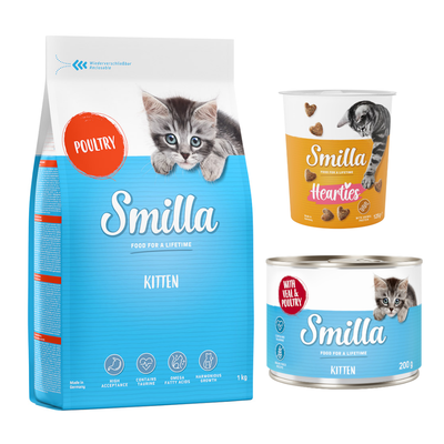 Smilla Kitten: balení 1 kg, pět konzerv Smilla Kitten a krabička Smilla Hearties. Červený symbol procenta označující akční nabídku.