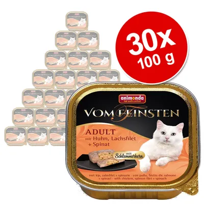 animonda Vom Feinsten Adult s piletinom, filetom lososa i špinatom, 30 x 100 g. Na slici bijela mačka i prikaz paštete.