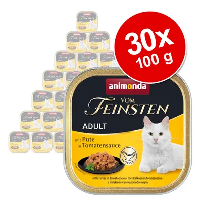 Animonda Vom Feinsten Adult mit Pute in Tomatensauce, 30 x 100 g. Na opakowaniu biały kot i kawałki mięsa w sosie pomidorowym. Widoczny napis: 30x 100 g.