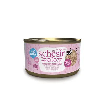 Schesir Baby Complete, kip met kippenlever, 70g, voor kittens vanaf 2 maanden, graanvrij, met DHA en taurine. Schesir Baby Complete, kip met kippenlever, 70g, voor kittens vanaf 2 maanden, graanvrij, met DHA en taurine.