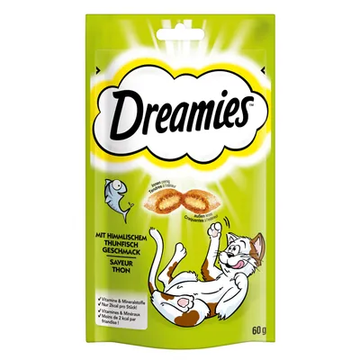 Dreamies snack para gatos con sabor a atún, exterior crujiente, interior cremoso. Paquete de 60g, solo 2 kcal por unidad, con vitaminas y minerales.