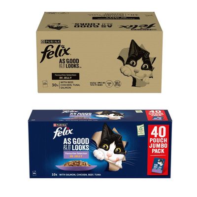 Box labelled Felix Original Mixed Selection, 30 portions with chicken in jelly, lamb in jelly, salmon in jelly, white fish in jelly. No colourants, 100% complete and balanced.
