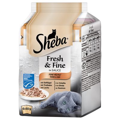 Sheba Fresh & Fine in Sauce, Terre & Mer, à la volaille, dinde, saumon, 6 x 50 g. Label MSC Certified Sustainable Seafood visible sur l’emballage.